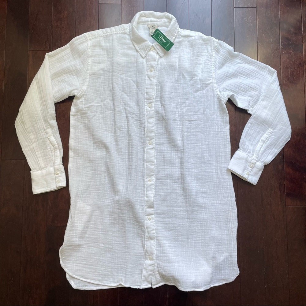 LL bean NWT Women’s Long White Linen Button Down Shirt LS Top Size Small